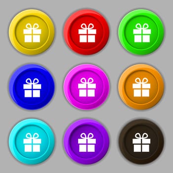 Gift box icon sign. symbol on nine round colourful buttons. illustration
