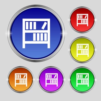 Bookshelf icon sign. Round symbol on bright colourful buttons. illustration