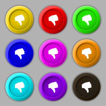 Dislike, Thumb down icon sign. symbol on nine round colourful buttons. illustration