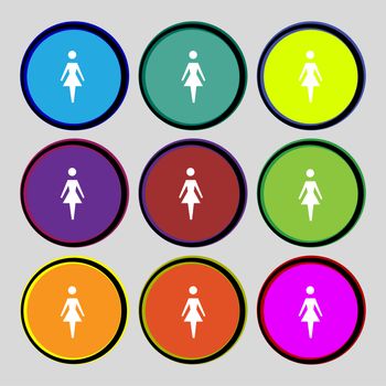 Female sign icon. Woman human symbol. Women toilet. Set colour buttons illustration