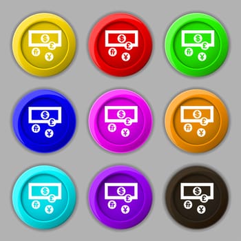 currencies of the world icon sign. symbol on nine round colourful buttons. illustration