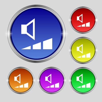 volume, sound icon sign. Round symbol on bright colourful buttons. illustration