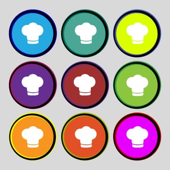 Chef hat sign icon. Cooking symbol. Cooks hat. Set colourful buttons illustration