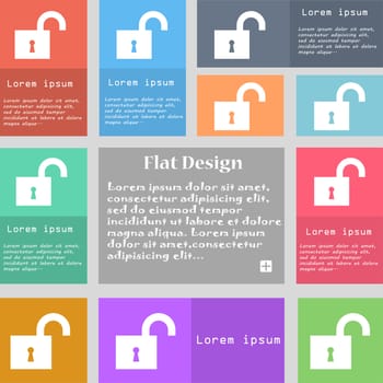 open lock icon sign. Set of multicolored buttons with space for text. illustration