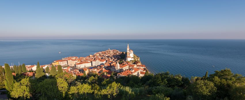 Panoramic View of Picturesque Piran Old Town in Slovenia in the Morning. Aerial view.