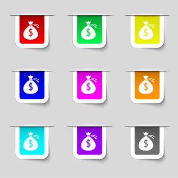 Money bag icon sign. Set of multicolored modern labels for your design. illustration