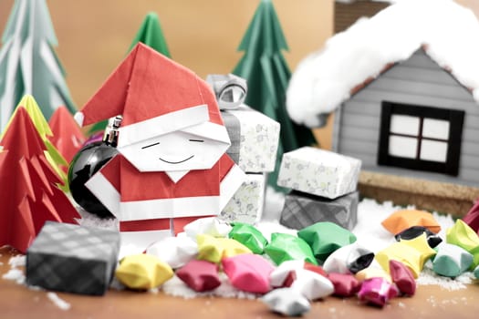 Santa claus and gift box with small star paper on the snow field. vintage style