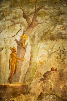 NAPLES, ITALY - MARCH 1:  Ancient roman fresco represented a scene of Roman mitology in the Villa Oplontis: March 1, 2015 in Naples, Italy