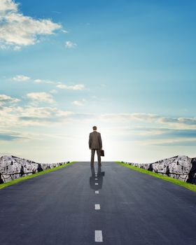 Businessman on road with mountains, rear view