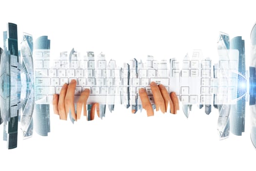 Womans hands with keyboard and city on white background