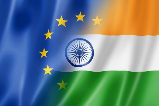 Mixed Europe and India flag, three dimensional render, illustration