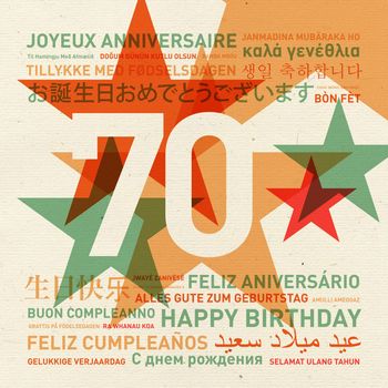 70th anniversary happy birthday from the world. Different languages celebration card