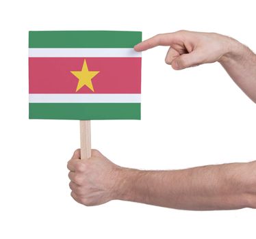 Hand holding small card, isolated on white - Flag of Suriname