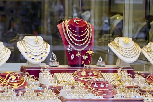 Display of various jewelry in store window