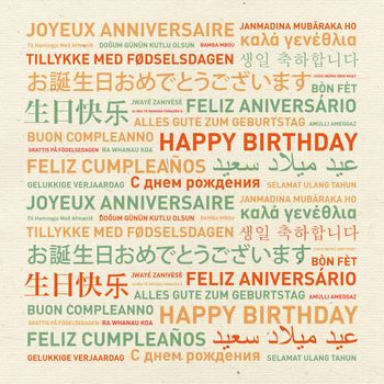 Happy birthday from the world. Different languages celebration vintage card