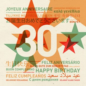 30th anniversary happy birthday from the world. Different languages celebration card