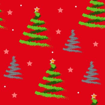green christmas tree on red background, seamless pattern