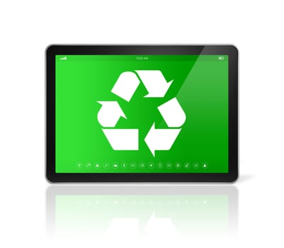 3D Digital tablet PC with a recycling symbol on screen. environmental conservation concept