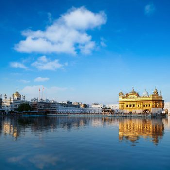 Golden Temple in Amritsar with blue sky in daytime, Punjab, India.