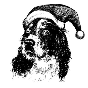 freehand sketch illustration of English setter dog with christmas santa hat, doodle hand drawn, christmas pet