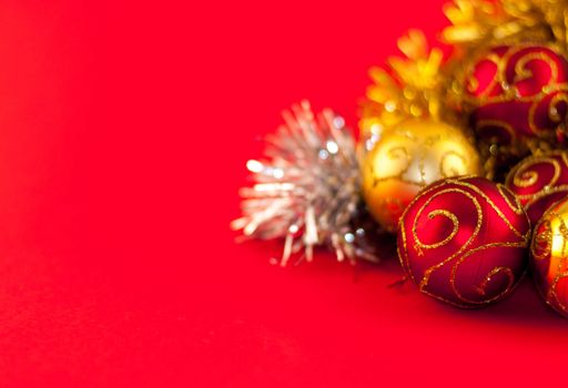 Christmas decoration, red gold and silver, on red background