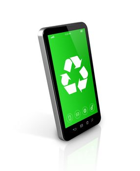 3D Smartphone with a recycling symbol on screen. environmental conservation concept