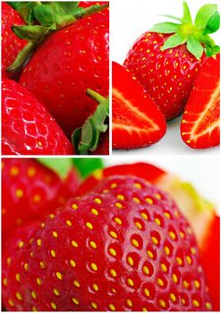 collage of fresh organic strawberries in the garden