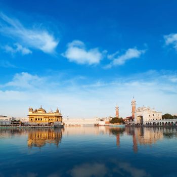 Golden Temple in Amritsar with blue sky, Punjab, India.