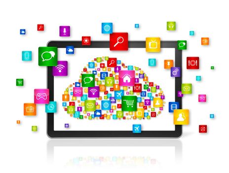 3D Cloud computing symbol in Digital Tablet pc - isolated on white