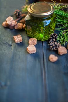 Fir tree bump jam on wooden background