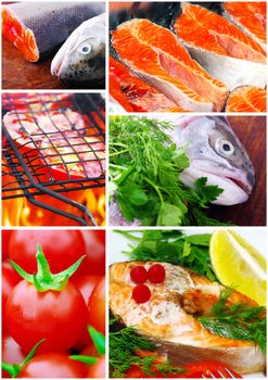 Collage from different photos of seafood