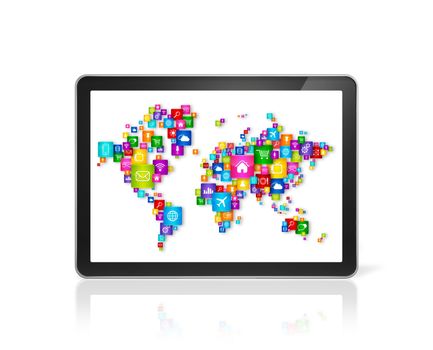 3D World map made of icons on digital Tablet PC. Cloud computing concept