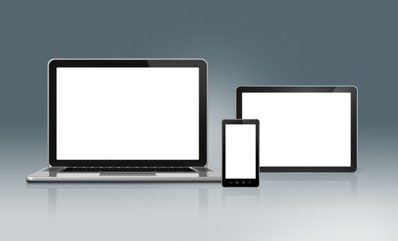 3D High Tech laptop, mobile phone and digital tablet pc - isolated on a futuristic background with clipping path