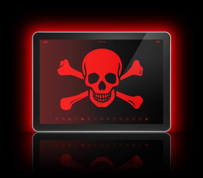 3D Digital tablet with a pirate symbol on screen. Hacking concept