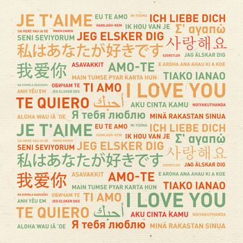 I love you message card translated in different world languages