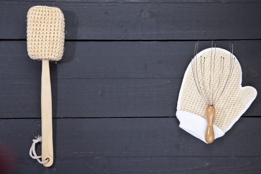 Sauna bath objects on dark wooden background