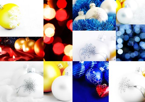 collage of Christmas tree decorations, diversity of gold ornaments, winter holiday gifts and presents, bokeh shining backgrounds