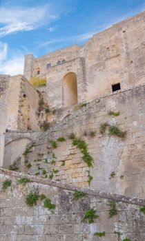 historic building in Matera in Italy UNESCO European Capital of Culture 2019, details of old wall and stairs