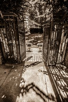 Classical design black wrought iron gate in a beautiful green garden