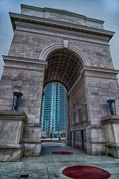 Millennium Gate triumphal arch at Atlantic Station in Midtown Atlanta Georgia.