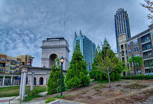 Millennium Gate triumphal arch at Atlantic Station in Midtown Atlanta Georgia.