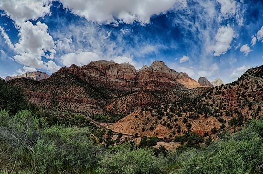 wide landscape view of a zion national park canyon valley