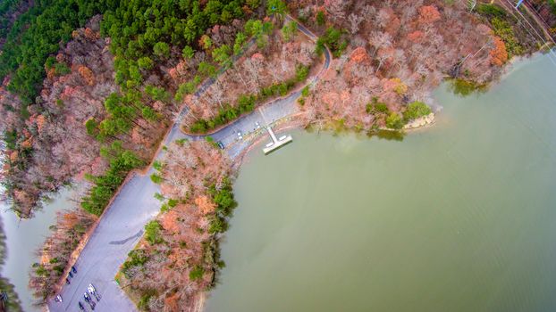 aerial view over lake wylie and boat marina