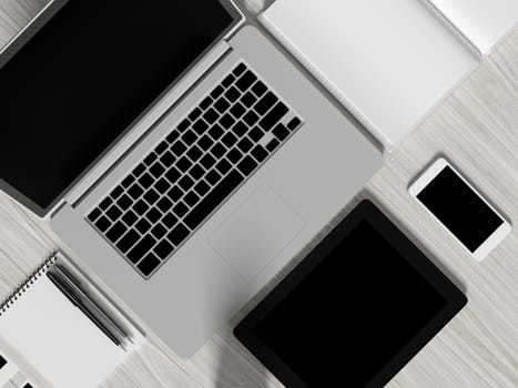 High angle view of a setting table of business workplace, shot in office, home work space