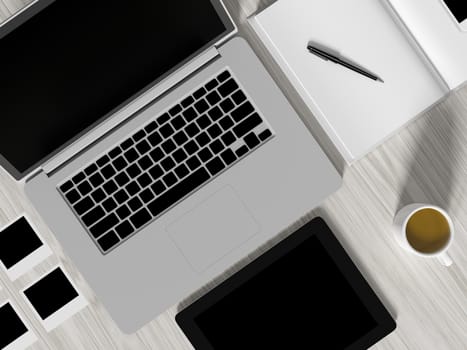 High angle view of a setting table of business workplace, shot in office, home work space