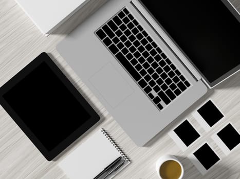 High angle view of a setting table of business workplace, shot in office, home work space