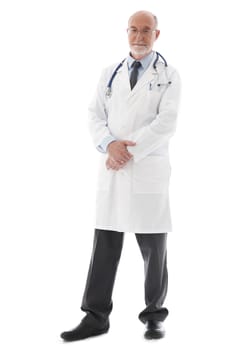 Full length portrait of a mature doctor isolated on white background