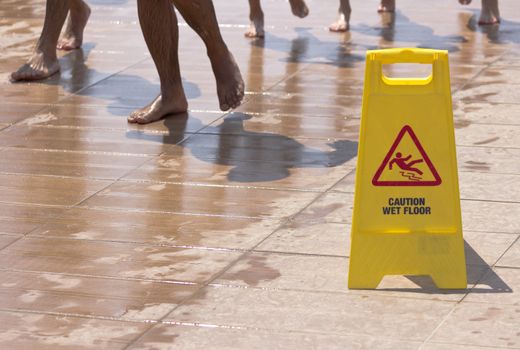 Warning signs on the slippery floor