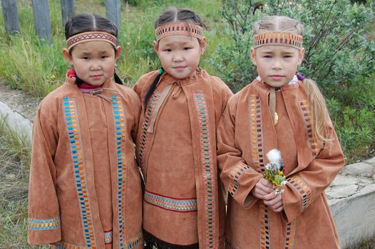 Girls in yukagir traditional dress indigenous Arctic ethnic group, Chersky, Kolyma region, Russia outback