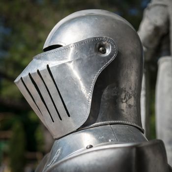 Detail of an iron helmet of medieval armor.